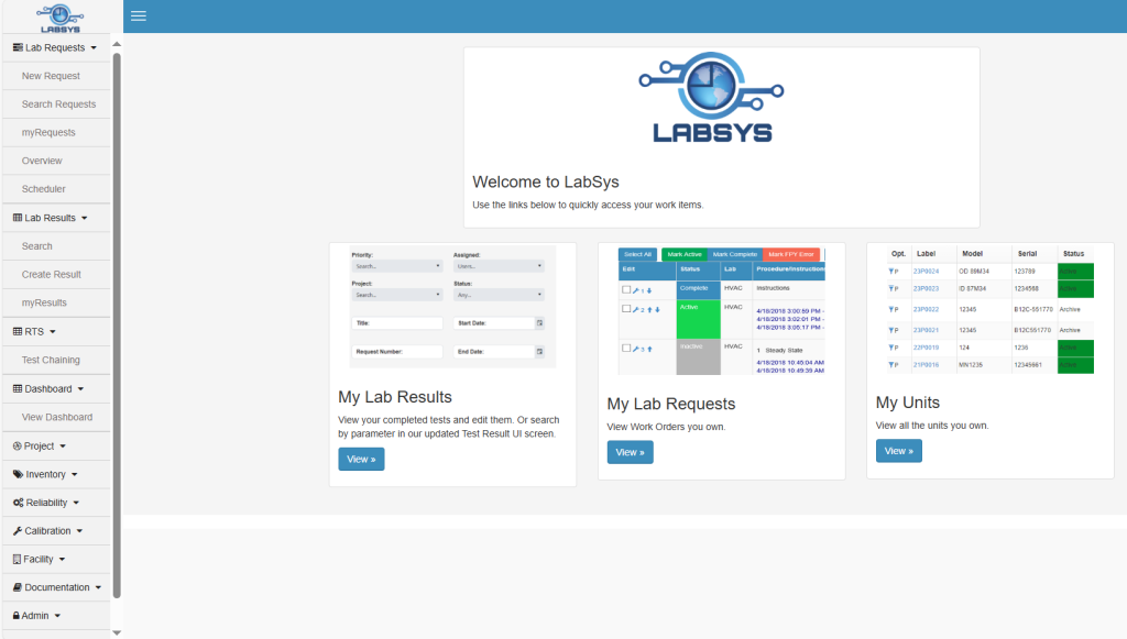 View of Labsys home screen